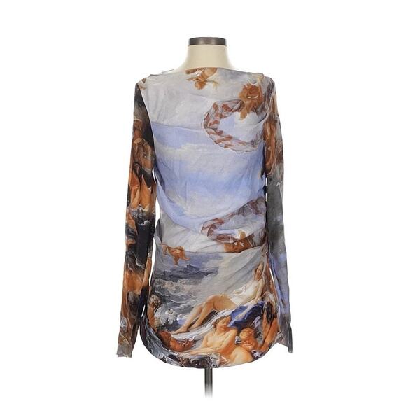 DM Made In Italy Silk Angels Renessance Print Mini Dress Long Sleeve XS - Picture 1 of 5